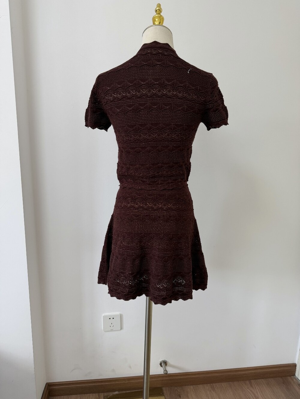 Self Portrait Brown Pointelle Knit Top With Matching Mini Skirt Set - Picture 10 of 16